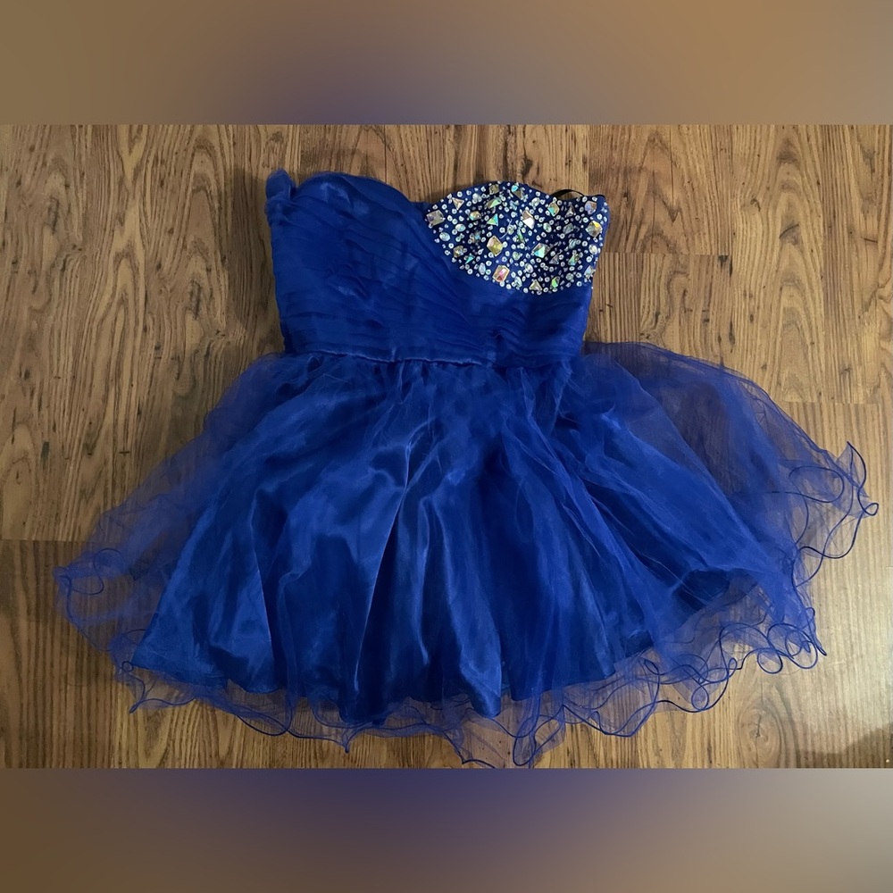 Deb Royal Blue Strapless Tulle Prom Dress with Beaded Bodice